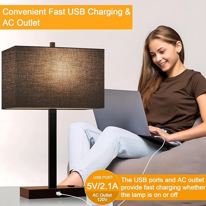 21" Touch Bedside lamps with 2 USB & AC Outlets, 3-Way Dimmable Bedside Table - Image 7