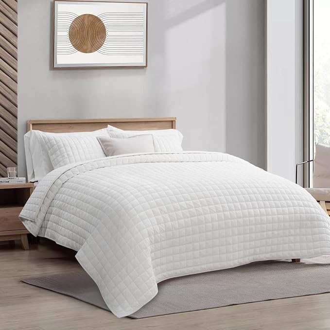 RECYCO Channel Box Stitch Velvet Quilt Set, Full Queen Size, Bright White | - Image 3