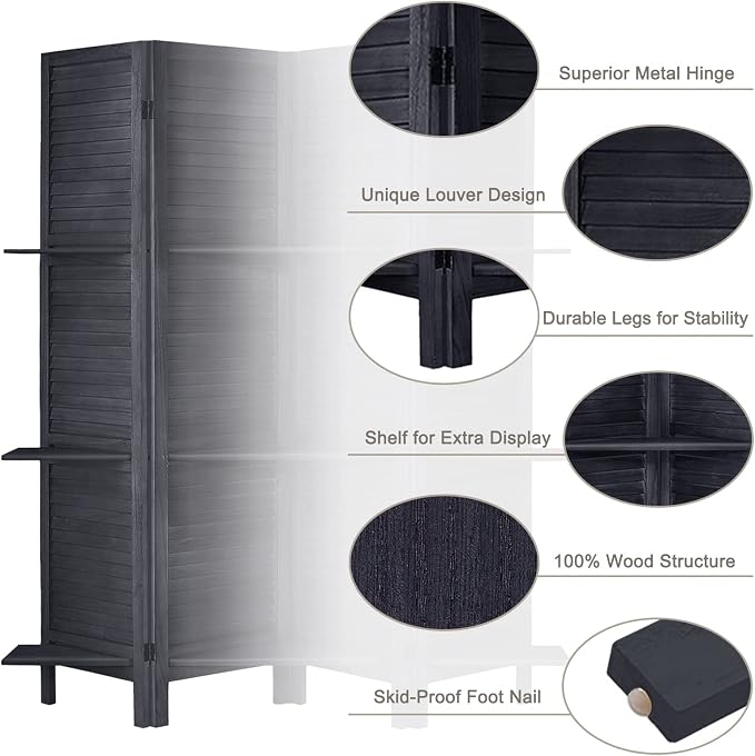 Room Divider with Shelves, 5 Panel Black Privacy Screen | Partition Room - Image 4