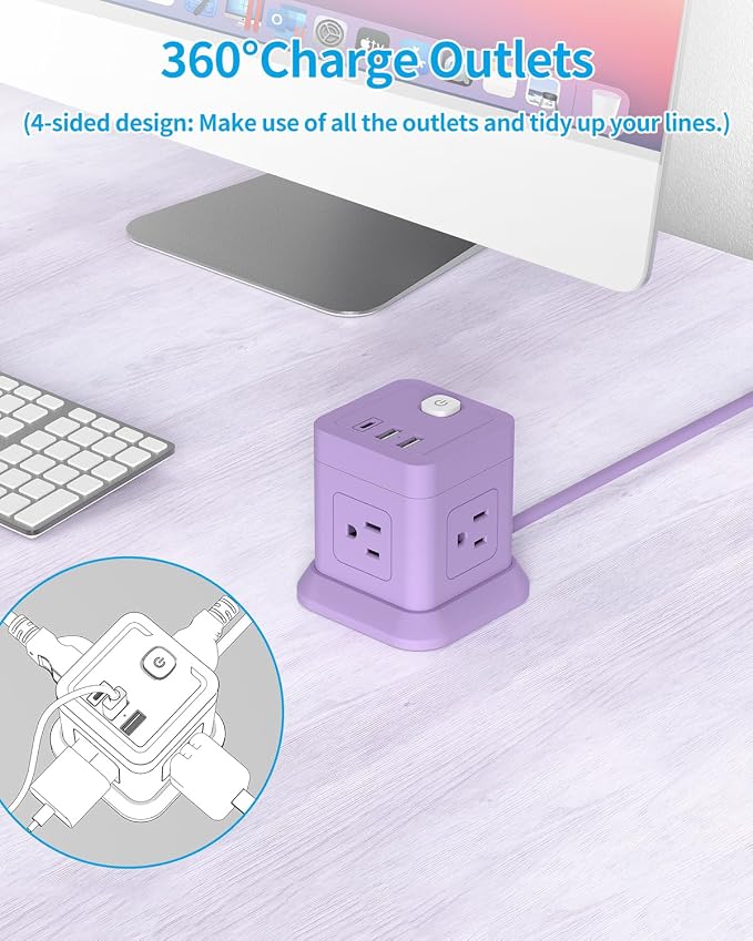 FDTEK Cube Power Strip USB C, 4 Outlets 3 USB 10 FT Extension Cord Purple | - Image 4
