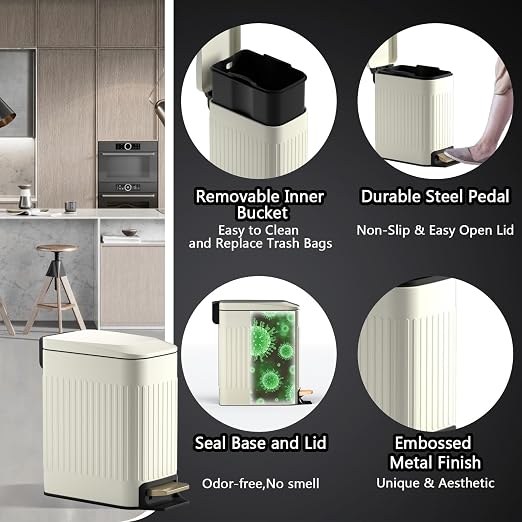 Small Bathroom Trash Can with Lid Soft Close-6L/1.6 Gal Slim Step Garbage - Image 4