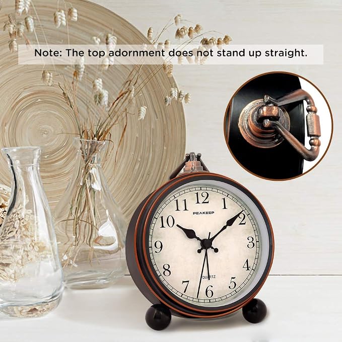 Peakeep 4" Small Battery Operated Analog Alarm Clock, Antique Retro Style | - Image 2