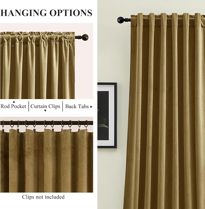 108 Inch Extra Long Gold Velvet Blackout Curtains - Image 2