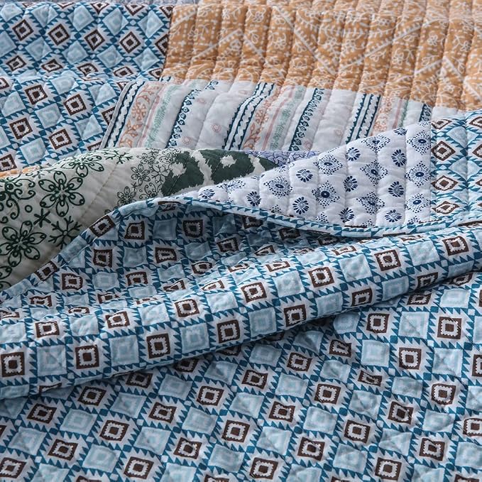 Autumn Dream Cotton Bedspread Bohemian Blue Quilt Bedding Sets, Queen Size | - Image 6