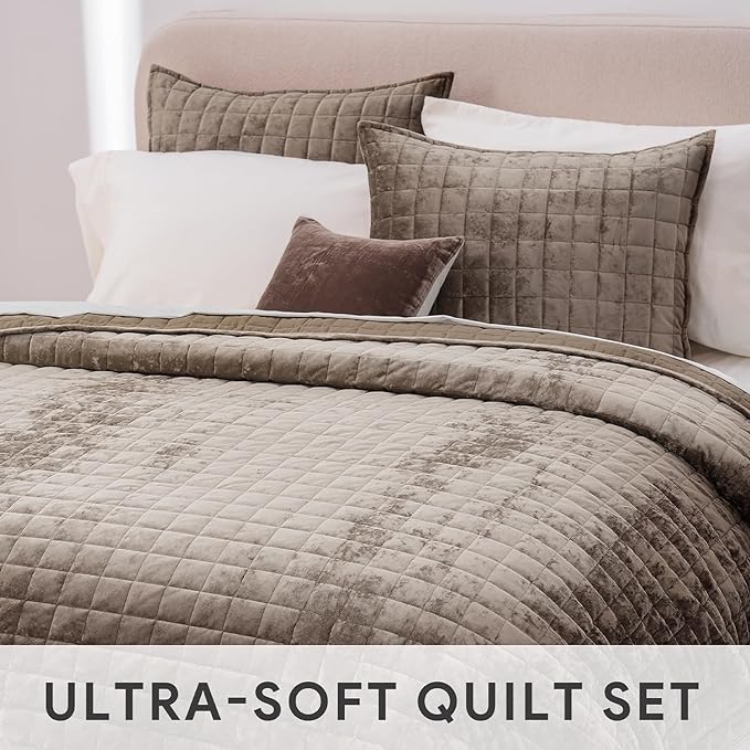 RECYCO Channel Box Stitch Velvet Quilt Set, Twin/Twin XL Size, Dune Brown | - Image 4