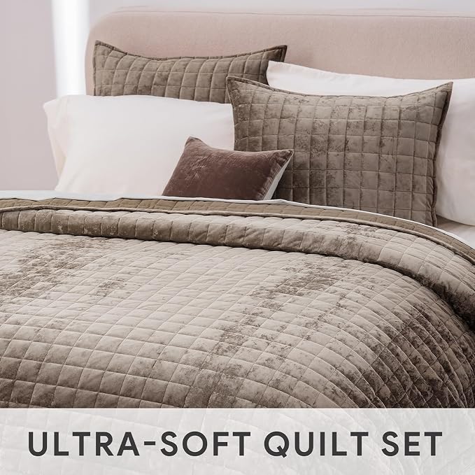 RECYCO Channel Box Stitch Velvet Quilt Set, King Size, Mocha Brown | Ultra Soft - Image 4