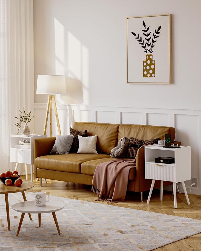 White Nightstand with Outlet, Modern Bedside Table with Storage Drawer and Open - Image 6