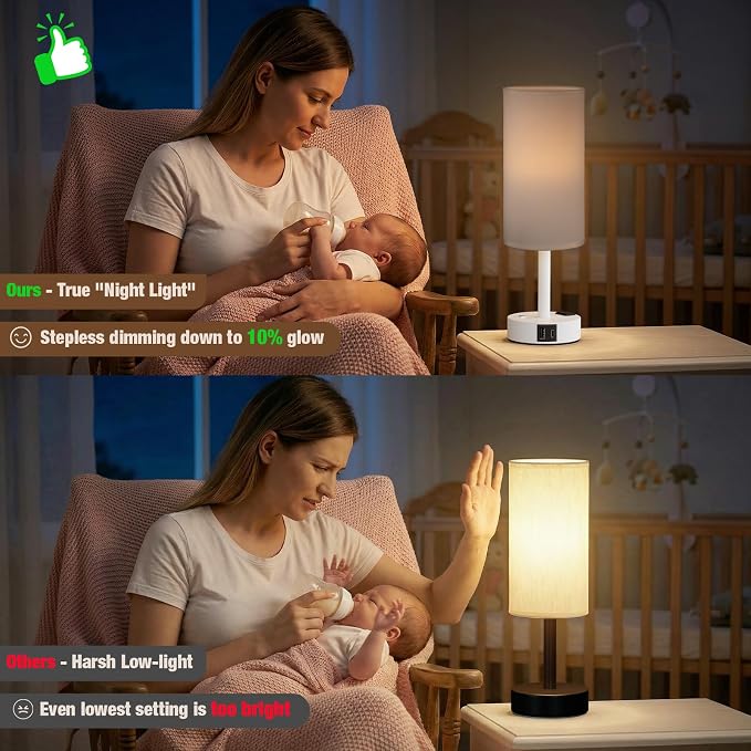 White Touch Bedside Lamp for Bedroom, Stepless Dimmable, USB A+C, AC Outlet | - Image 6