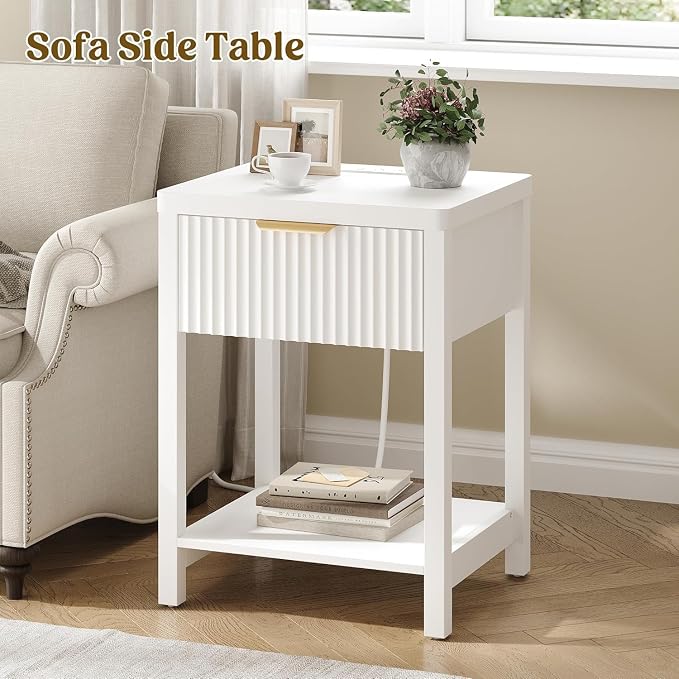Night Stand Set 2, Fluted Wood Nightstands w/Charging Station - Image 2