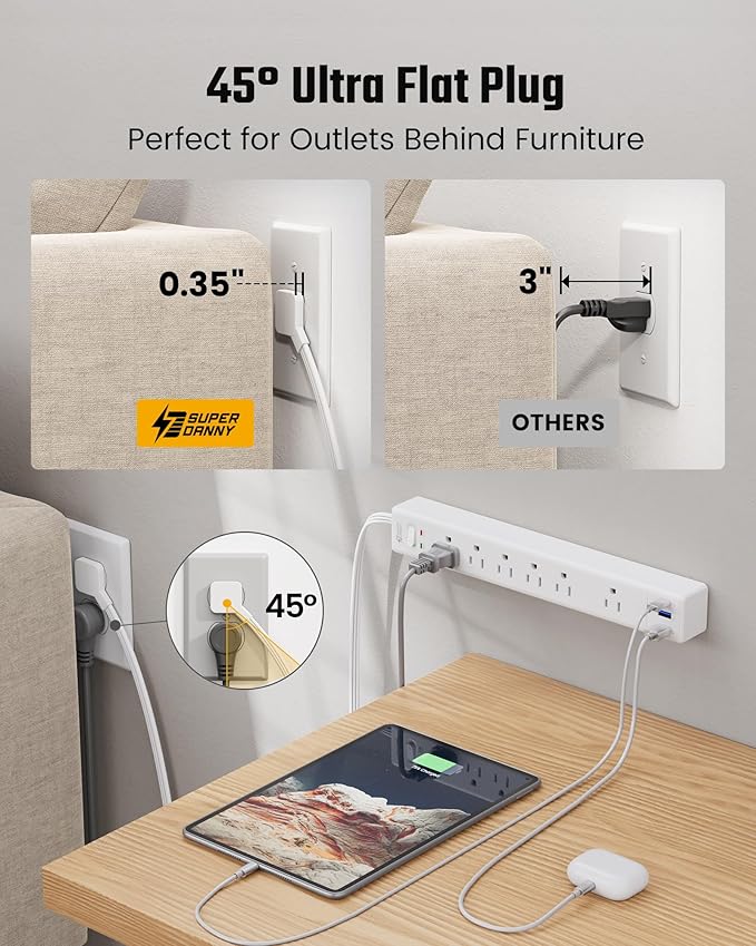 2 Pack 6Ft Extension Cord, SUPERDANNY Flat Plug Surge Protector Power Strip | - Image 3