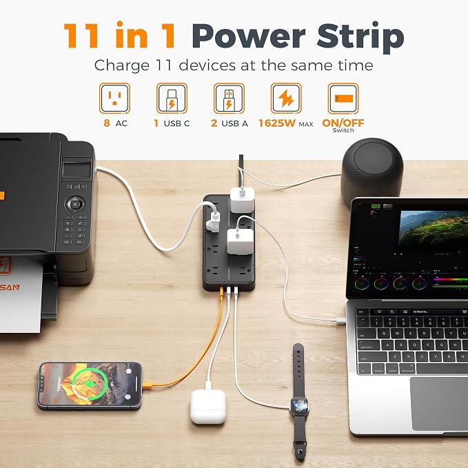 TESSAN Power Strip Surge Protector, 15FT Flat Plug Extension Cord | 8 Outlets 3 - Image 2