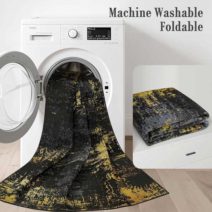 2x5 Washable Runner Rug：Modern Abstract Soft Carpet Black Gold | - Image 6