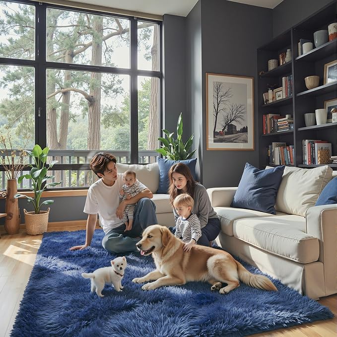 Fluffy Rug Shag Area Rug, Royal Blue 3x5 Area Rugs by Junhejiamei