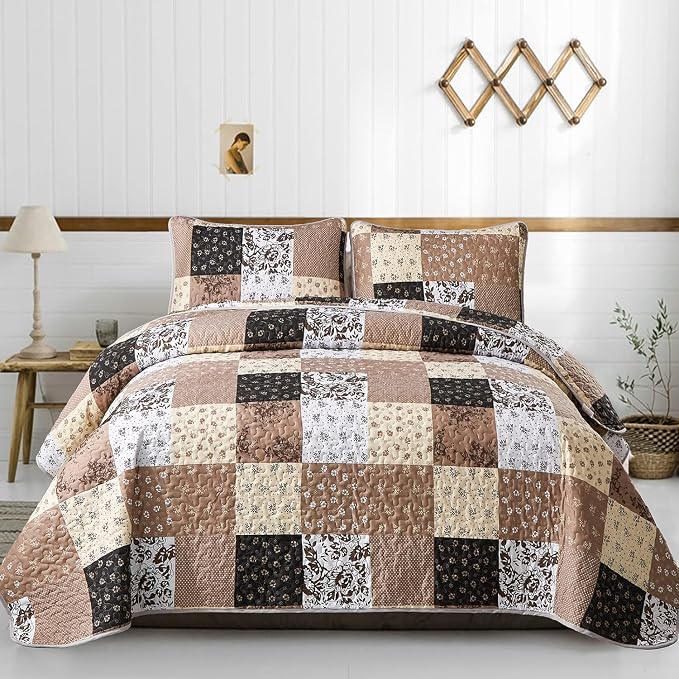 Mybedsoul Brown Quilt Set Full Size, 3 Pieces Plaid Floral Bedspread Set by Mybedsoul