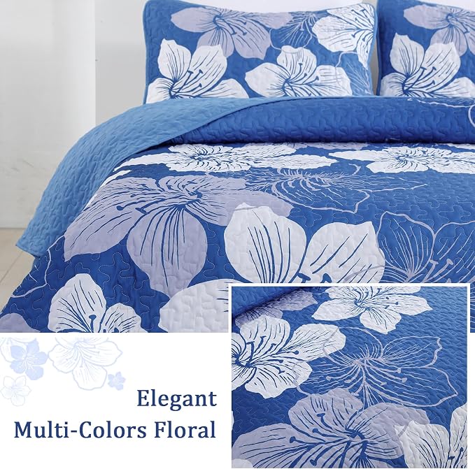 DJY Gradient Blue Quilt Set King 3 Pieces Floral Summer Bedding Quilt Set Soft - Image 4