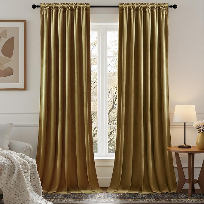 108 Inch Extra Long Gold Velvet Blackout Curtains - Image 9