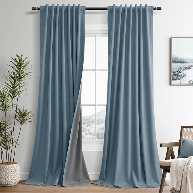 Blue Linen 100% Room Darkening Curtains 120 Inches Long by Guken