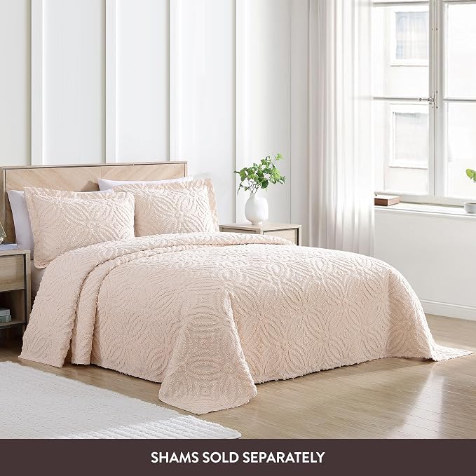 Beatrice Home Fashions Wedding Ring Queen Cotton Chenille Bedspread, Blush | - Image 3