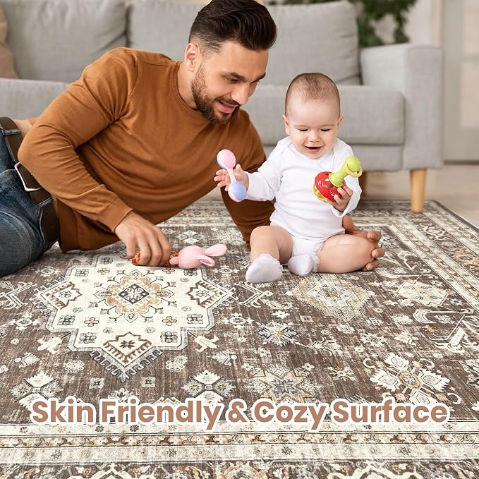 cotiled 6x9 Area Rug for Living Room, Traditional, Dark Brown | Soft Distressed - Image 3