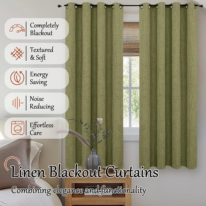 Olive Green Linen Blackout Curtains - Image 2