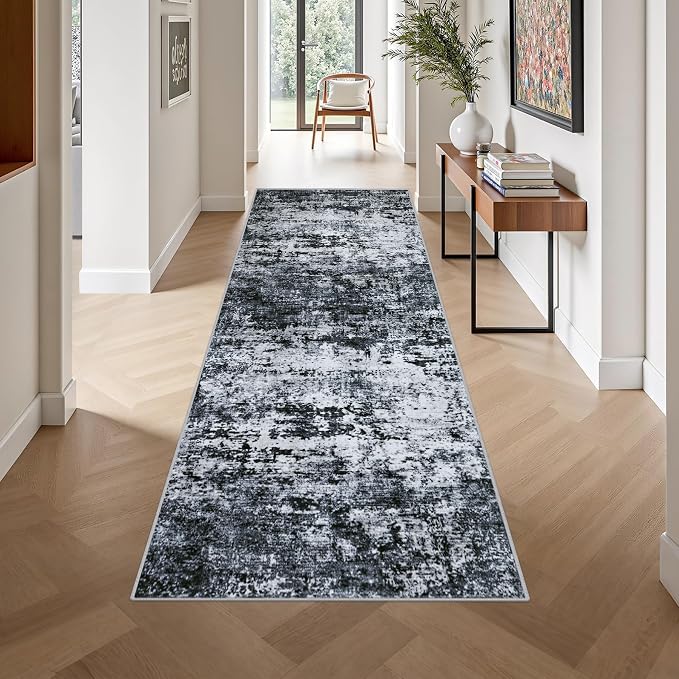 3x10 Washable Runner Rug：Modern Abstract Kitchen Carpet Black | - Image 4