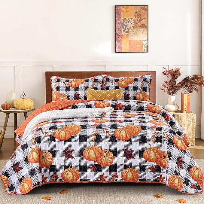Anibedding Fall Patchwork Quilt Queen Size, Soft Pumpkins Maple Leaves Themed by Anibedding