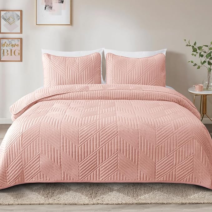 Exclusivo Mezcla Ultrasonic Full Queen Quilt Bedding Set, Blush Pink | - Image 2