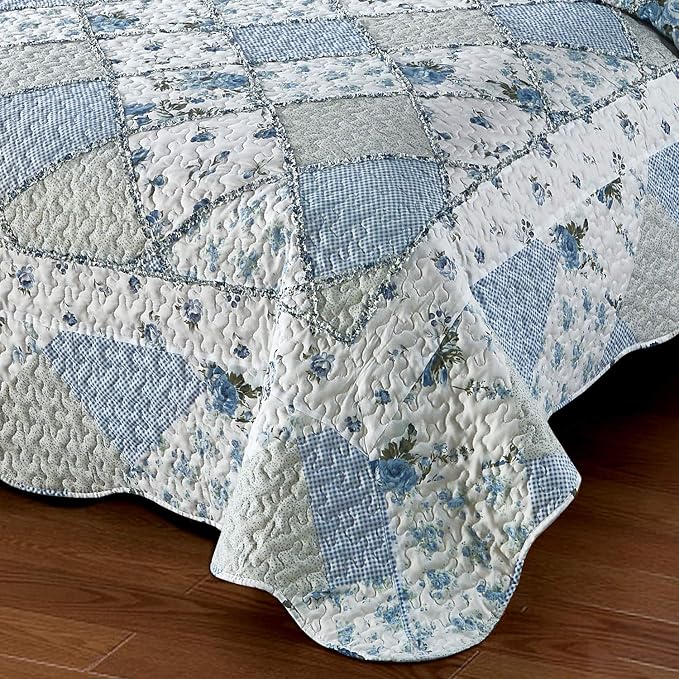 Oversized King Quilt Set Blue Floral Patchwork Alaska King Bedspreads Set | - Image 5