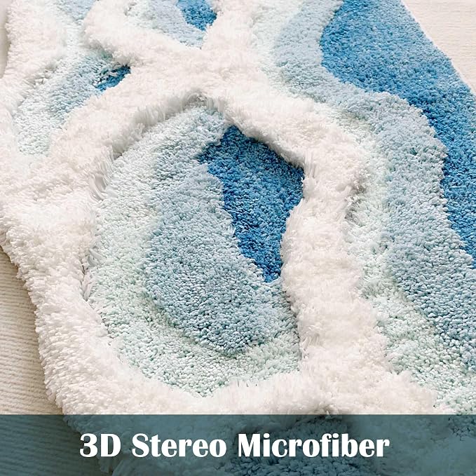 Soft Shag 3D Stereo Wave Moss Bedside Rug 20"×36" Cute Navy Blue Runner Rug Non - Image 5