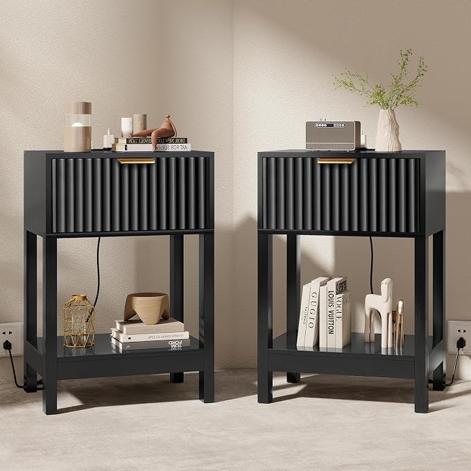Nasonet Night Stand Set 2, Fluted Nightstand by Nasonet