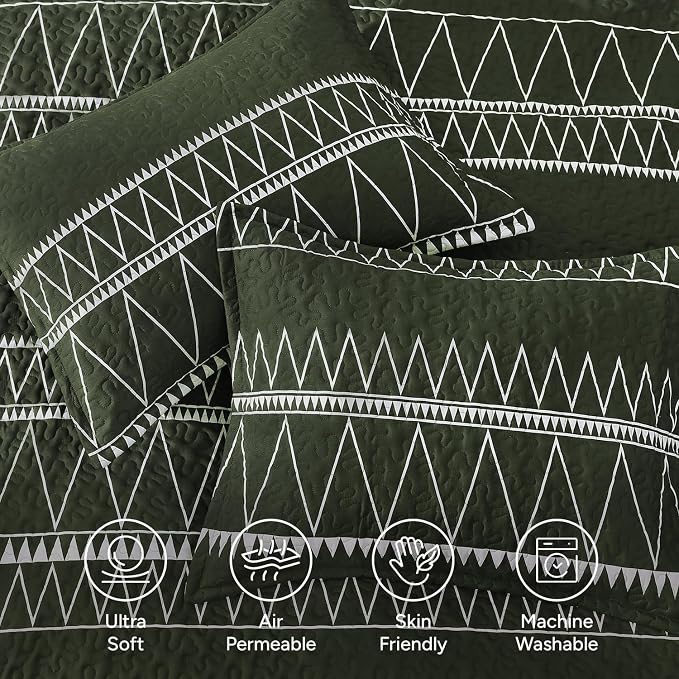 Green California King Quilt Set, 3 Pieces Boho Striped Bedspread | Soft - Image 5
