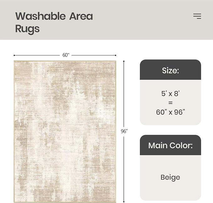 5x8 Area Rug, Abstract Large Washable Rugs - Image 2