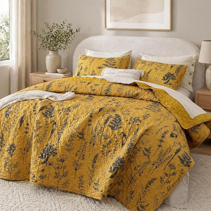 JANZAA Quilts Queen Size, Ginger Qulit Bedspread Floral Bedding Set 3 Pcs | by JANZAA
