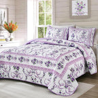 Anibedding Purple Queen Quilt Set, 3 Pieces Floral Pattern Quilts Bedspread | - Image 2