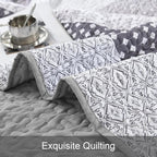 WONGS BEDDING Grey Queen Size Quilt Set, Boho Striped Patchwork Bedspread | 3 - Image 7