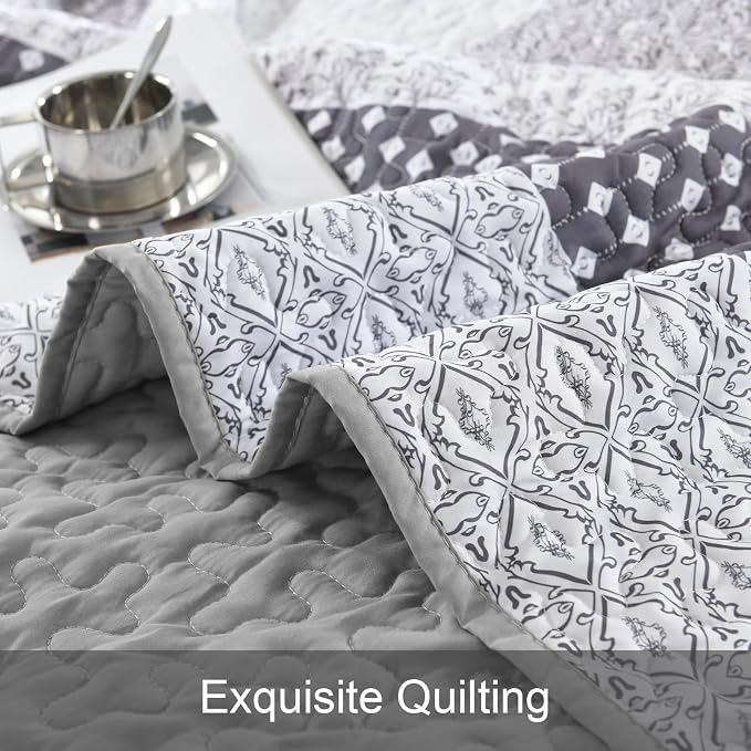 WONGS BEDDING Grey Queen Size Quilt Set, Boho Striped Patchwork Bedspread | 3 - Image 7