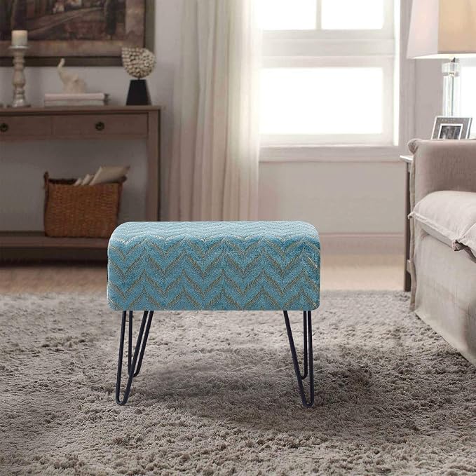 Home Soft Things Blue Jacquard Chenille Ottoman, Arusha - Image 10