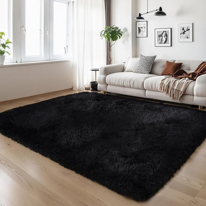 5x8 Thick Black Fluffy Shag Rug by KICHOWUA