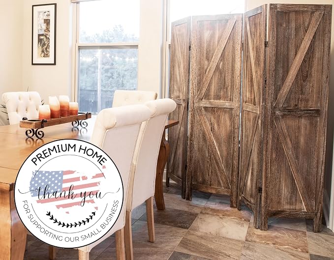 Premium Home 4-Panel Room Divider – Rustic Brown Barn Door, K Pattern Folding - Image 4