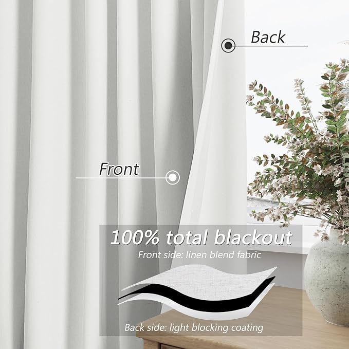 White 100% Blackout Linen Curtains 94 Inch Length 2 Panels Set - Image 3