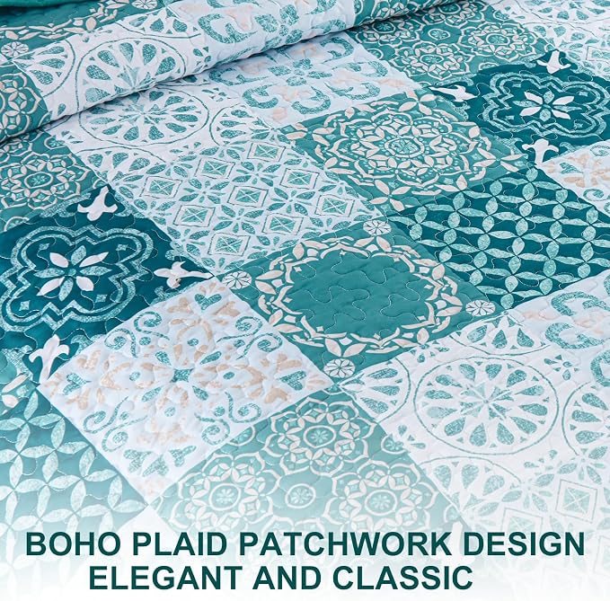 Teal Boho Quilt Set Queen Size, Plaid Patchwork Bedspreads Coverlet Set | 3Pcs - Image 8