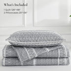 Oversized King Quilt Set Grey, 3 Pieces Boho Striped Bedspread | Soft - Image 7
