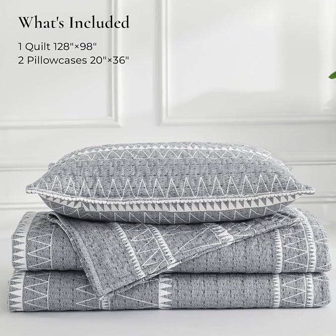 Oversized King Quilt Set Grey, 3 Pieces Boho Striped Bedspread | Soft - Image 7