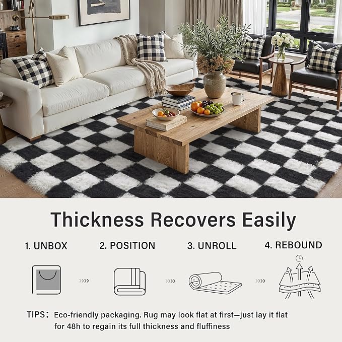 Checkered Rug 4x6 for Kids Room Black and White Soft Shag Rugs | Machine - Image 3
