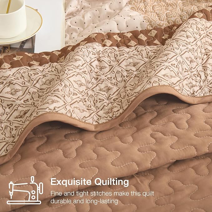 WONGS BEDDING Brown Stripe Quilt Set, 3 Pieces Boho Bedspread Queen Size | - Image 6
