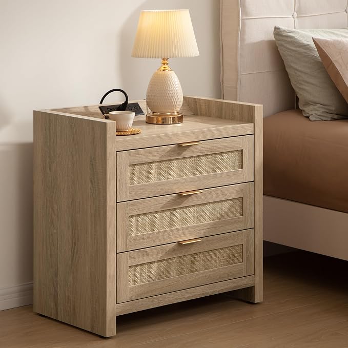SICOTAS Rattan Nightstand for Bedroom, Tall Bedside Table by SICOTAS