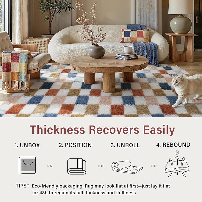 Checkered Area Rug 8x10 for Living Room Soft Fluffy Shag Carpet | Machine - Image 6
