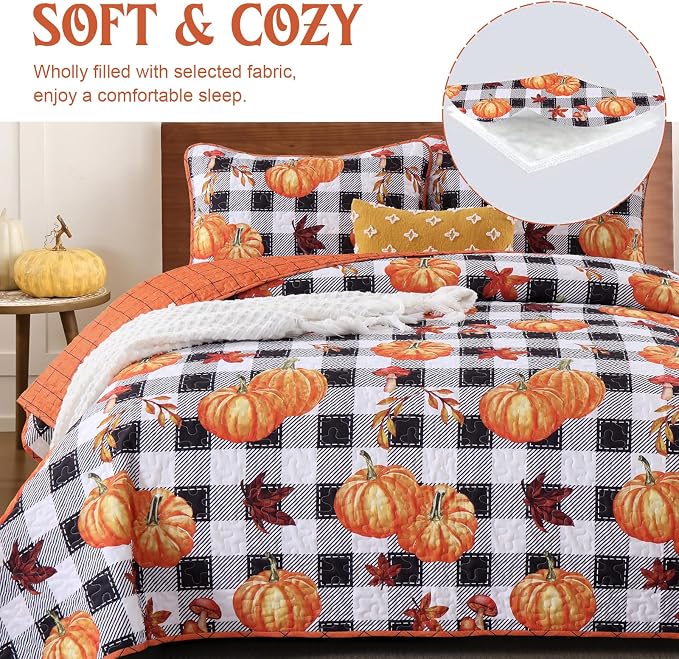 Anibedding Fall Patchwork Quilt Queen Size, Soft Pumpkins Maple Leaves Themed - Image 2