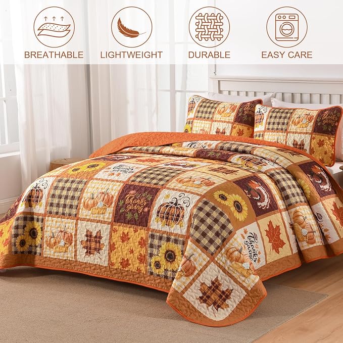 Anibedding 3Pieces Fall Patchwork Quilts Queen Size, Pumpkin Maple Leaves - Image 2