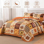 Anibedding 3Pieces Fall Patchwork Quilts Queen Size, Pumpkin Maple Leaves - Image 2